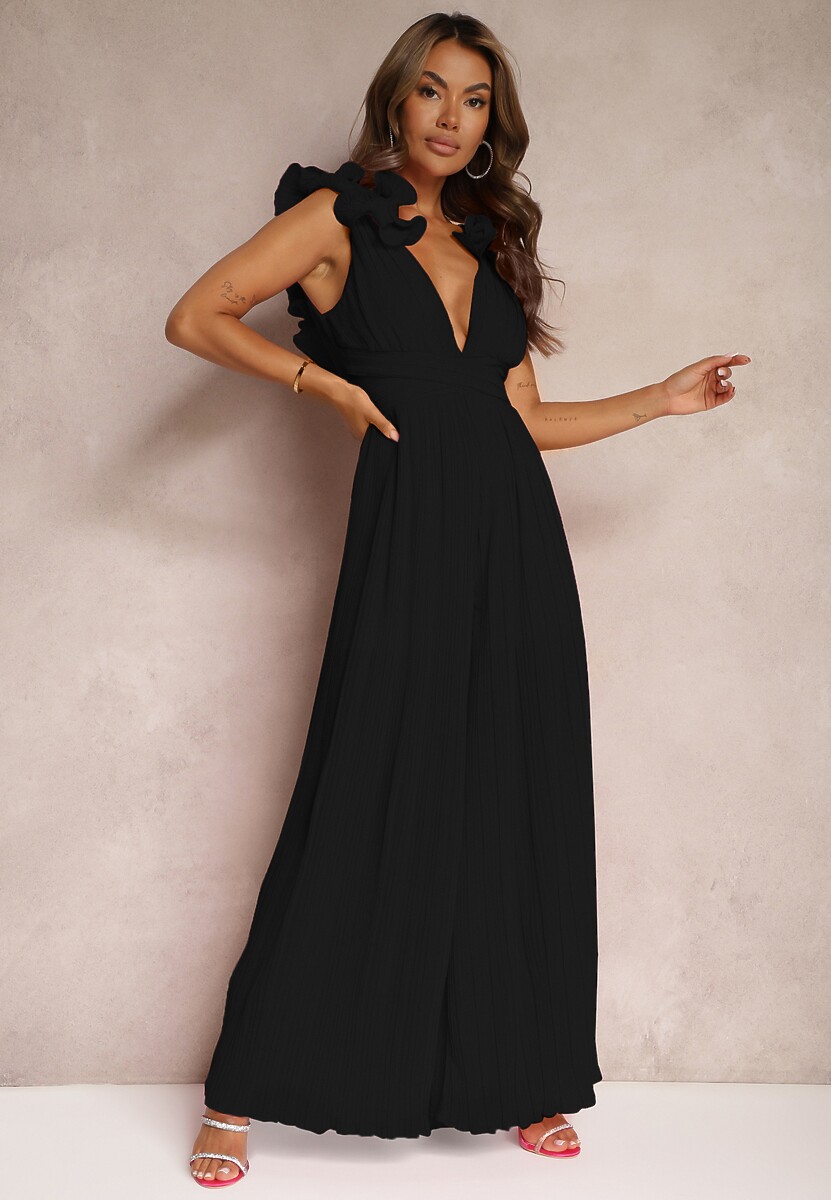 Czarny Taliowany Koktajlowy Kombinezon z Szerokimi Nogawkami Ozdobiony Falbanami Gealfrea