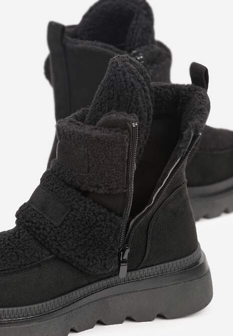 Czarne Botki Typu Śniegowce na Platformie z Dwoma Ozdobnymi Rzepami Edarlia