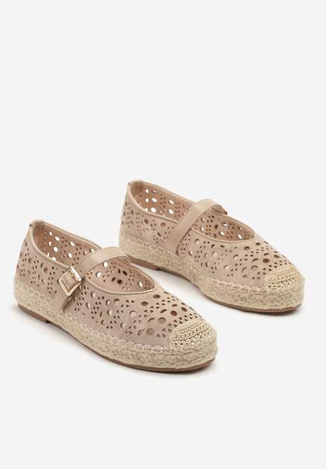 Beżowe Płaskie Espadryle z Plecionką i Ażurową Cholewką Aralithra