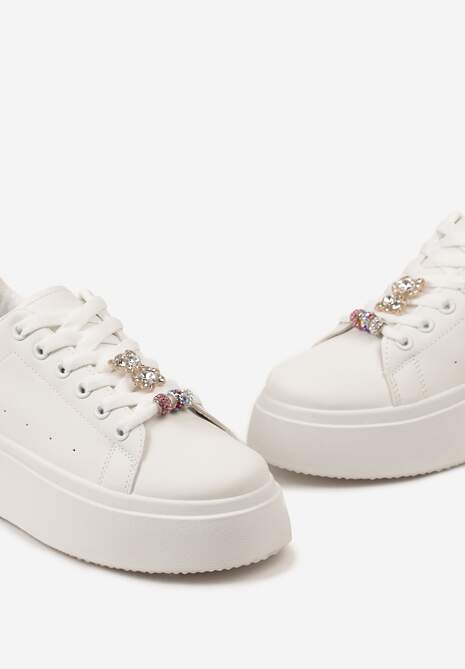 Biało-Srebrne Sneakersy z Cyrkoniami na Sznurówkach z Platformą Nomiji