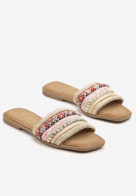 Czerwono-Beżowe Klapki z Nitami Plecione w Stylu Boho Lanvisa