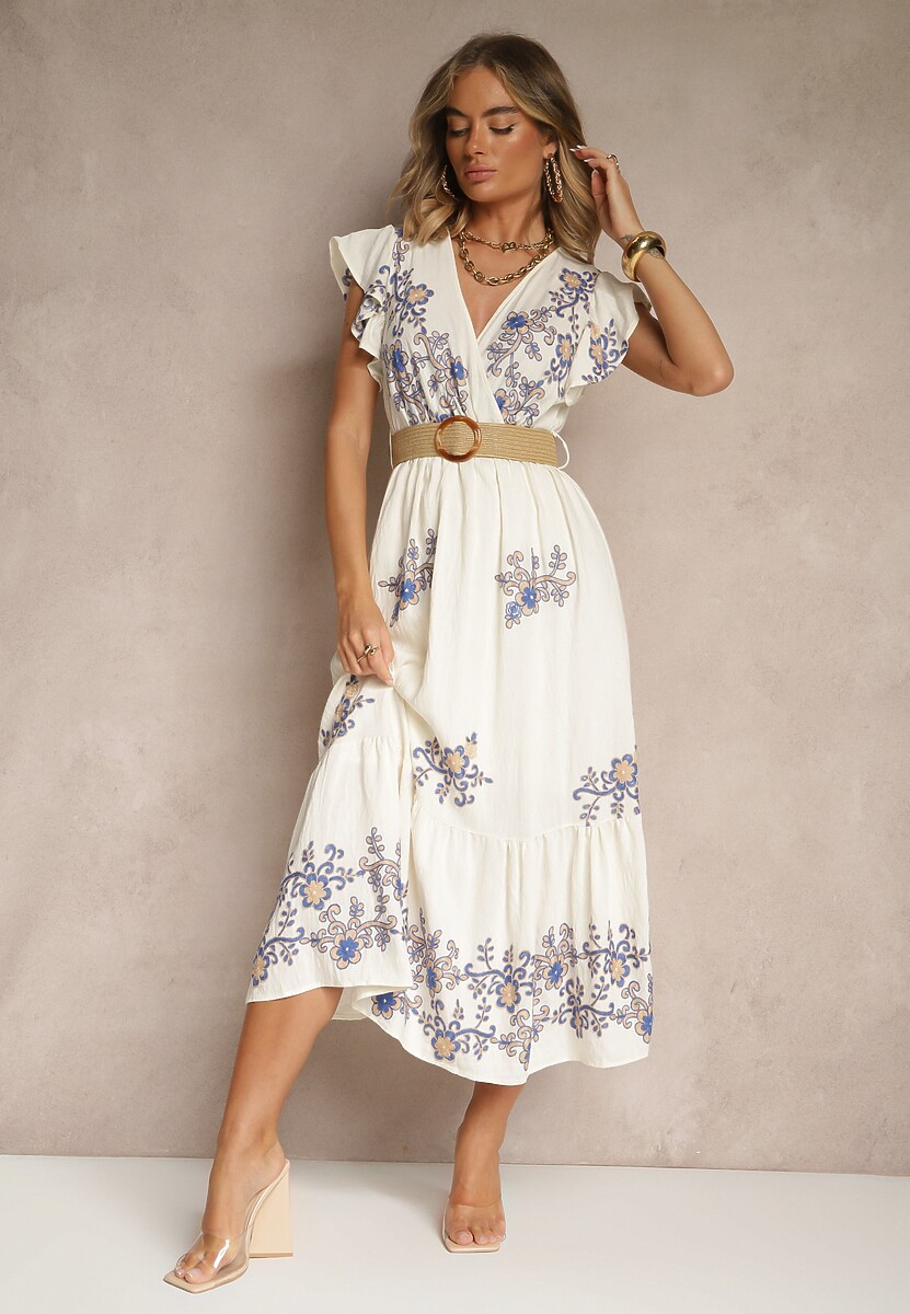 Biało-Niebieska Kopertowa Sukienka z Wiskozy Ozdobiona Haftem i Paskiem Nilatea