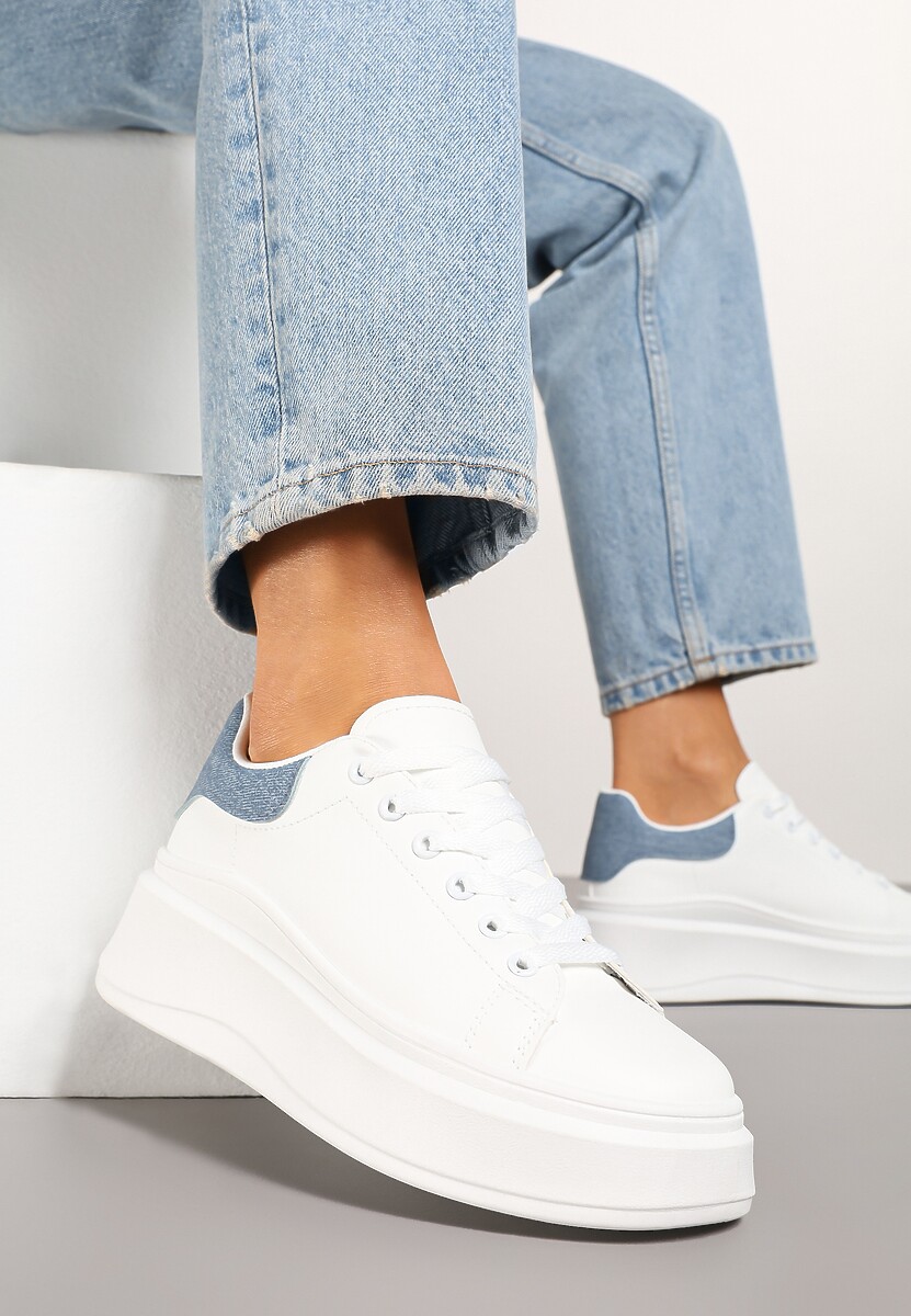 Biało-Niebieskie Sznurowane Sneakersy na Niskiej Platformie z Imitacji Skóry Ajanfa