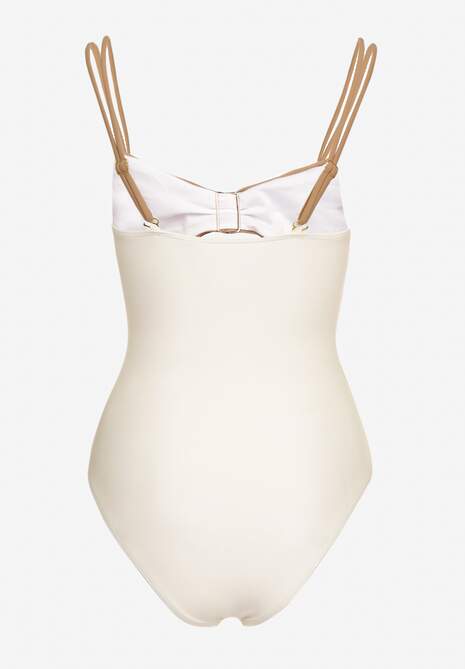 Beżowy Jednoczęściowy Strój Kąpielowy z Wycięciami i Metalowymi Ozdobami Rivanille