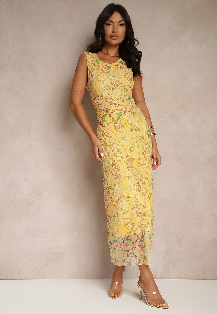 Żółta Sukienka o Taliowanym w Kwiatowy Wzór Lirandra