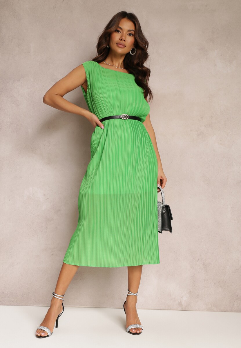 Zielona Pudełkowa Sukienka Midi z Plisowanej Tkaniny z Paskiem z Klamerką Lanaia