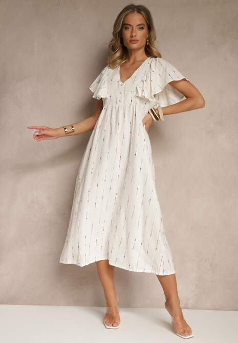 Biała Rozkloszowana Sukienka z Bawełny Zdobiona Falbanami Silonia