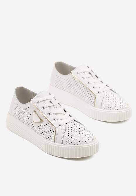 Białe Sneakersy Skórzane Ozdobione Aplikacją i Perforacją Nilairis