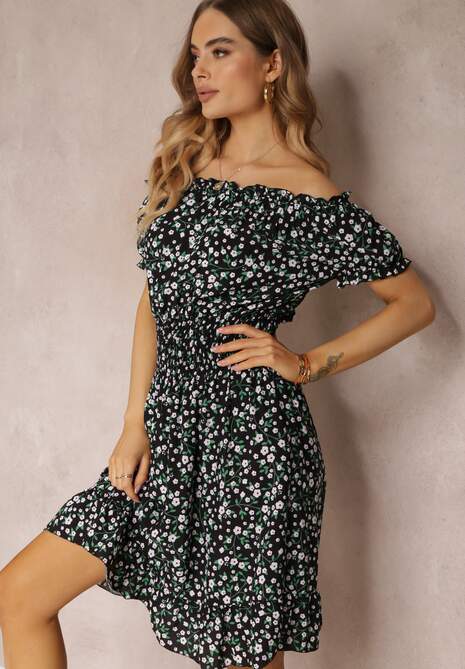 Czarna Bawełniana Sukienka Midi Hiszpanka z Gumką w Pasie Dnise