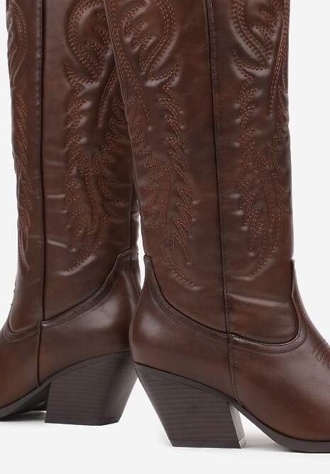 Brązowe Kozaki Kowbojki na Stożkowym Obcasie Zdobione Przeszyciami Lumifera