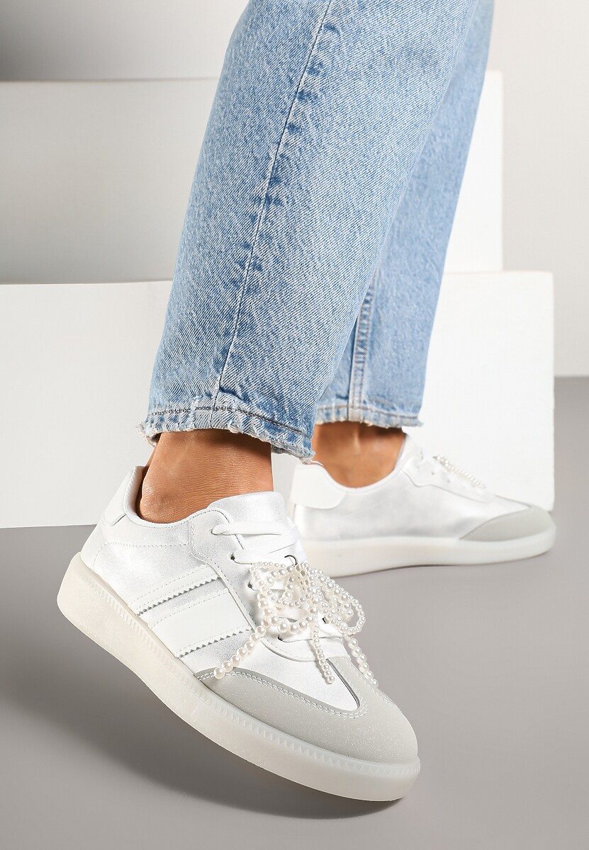 Beżowe Sneakersy Typu Kultowe Tenisówki ze Zdobieniem z Perłami Nalavia