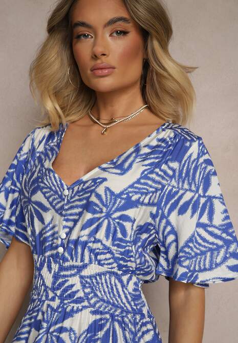 Niebieska Sukienka z Gumką w Pasie Ozdobiona Roślinnym Wzorem Charina