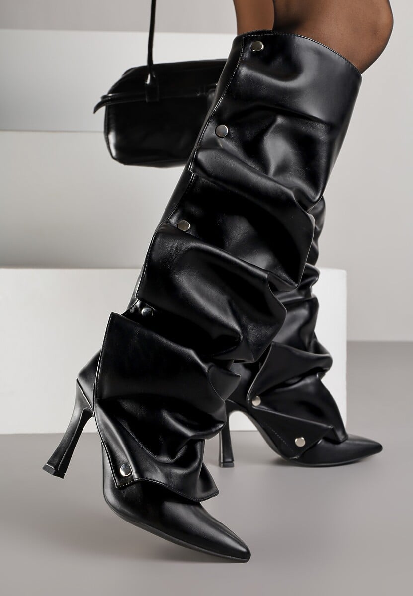 Czarne Marszczone Kozaki na Szpilce z Cholewką na Napy Reiantha