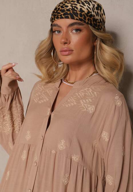 Jasnobeżowa Rozkloszowana Sukienka Ozdobiona Haftem i Wzorem Boho Ronavere