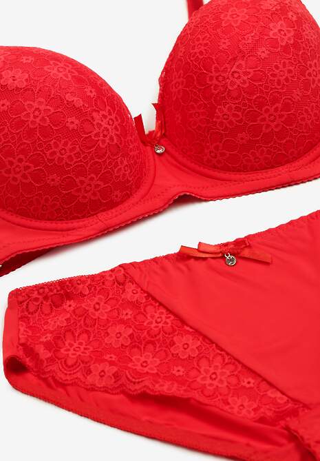 Czerwony Komplet z Koronki Figi i Usztywniany Biustonosz Nevenis