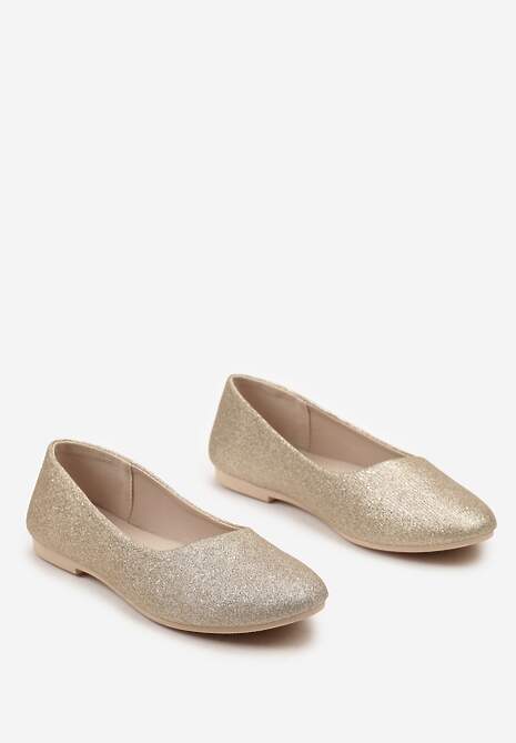 Złote  Brokatowe Balerinki na Płaskiej Podeszwie Uarneli