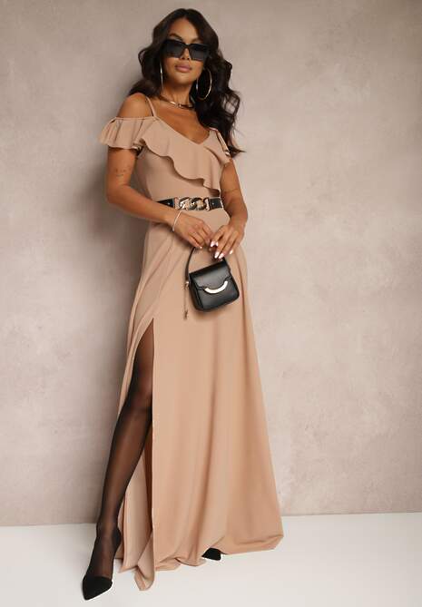 Beżowa Rozkloszowana Sukienka Typu Hiszpanka na Ramiączkach z Rozcięciem Neroli