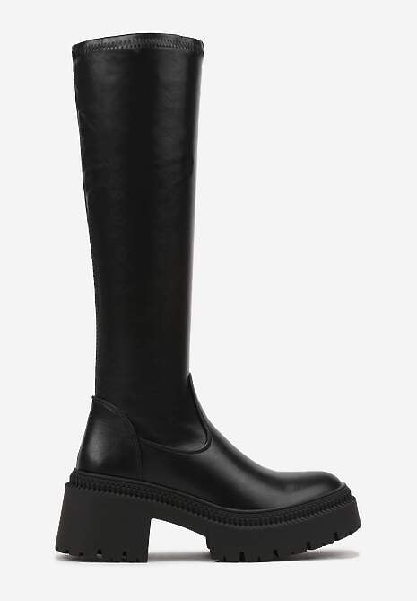 Czarne Kozaki na Obcasie Typu Słupek z Wysoką Dopasowaną Cholewką Laoliana