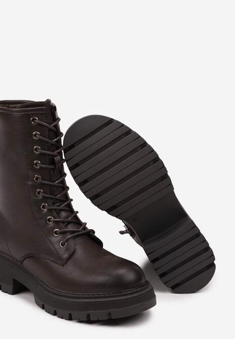 Brązowe Botki na Płaskiej Podeszwie Ozdobione Wiązaniem Laolin