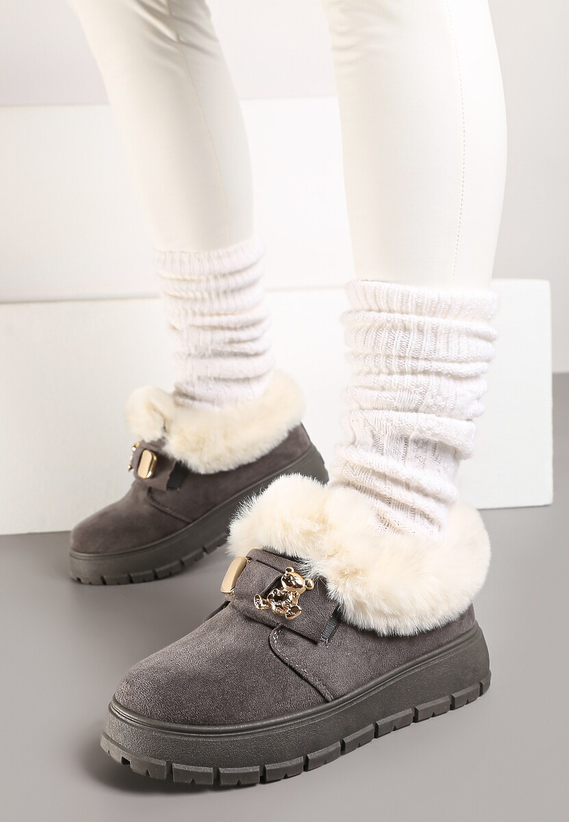 Szare Śniegowce na Platformie z Metaliczną Ozdobą i Futerkiem Mazizia