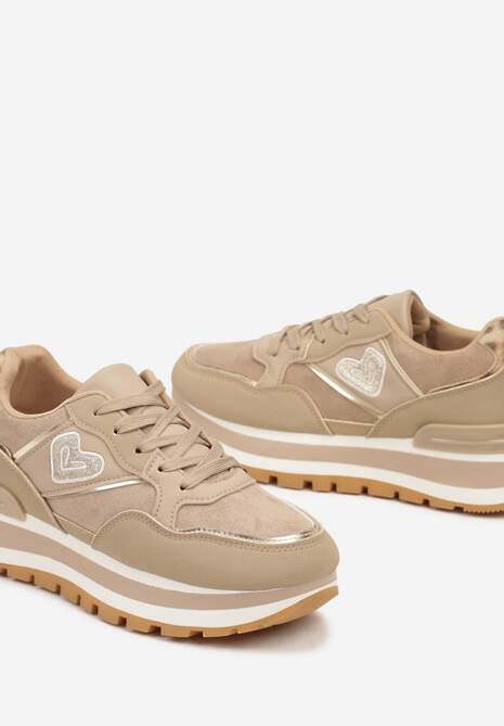 Ciemnobeżowe Sneakersy na Platformie z Metalicznym Wykończeniem i Sercem Veriscas