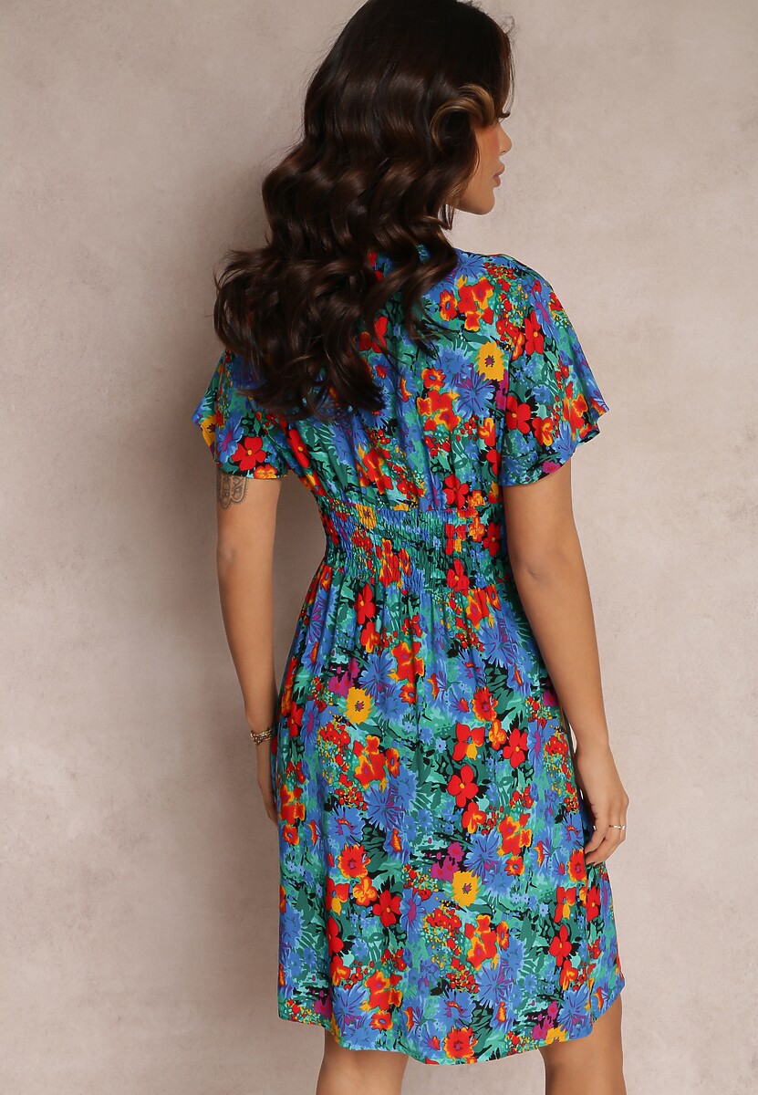 Niebieska Krótka Sukienka w Kwiaty z Szeroką Gumką w Pasie Meles