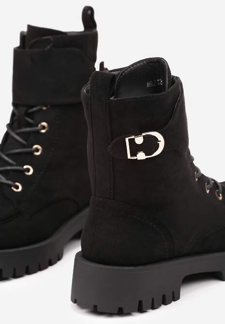 Czarne Botki Workery na Płaskiej Podeszwie z Klamrą i Paskiem Taen