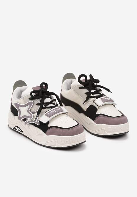 Beżowo-Fioletowe Sneakersy na Platformie z Grubymi Sznurowadłami i Zapięciem na Rzep Arlaia