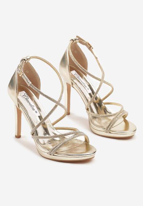 Złote Sandały Szpilki z Paseczkami Ozdobionymi Cyrkoniami Eladriela