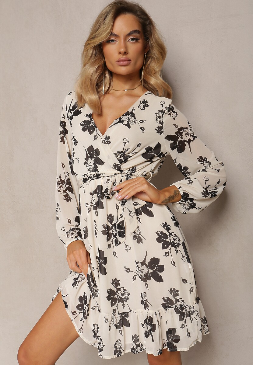 Jasnobrązowa Rozkloszowana Sukienka Mini w Kwiaty i Gumką w Pasie Elandri