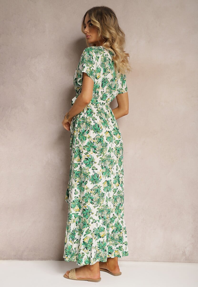 Zielona Rozkloszowana Sukienka z Wiskozy z Gumką w Pasie i Materiałowym Paskiem Vikllia