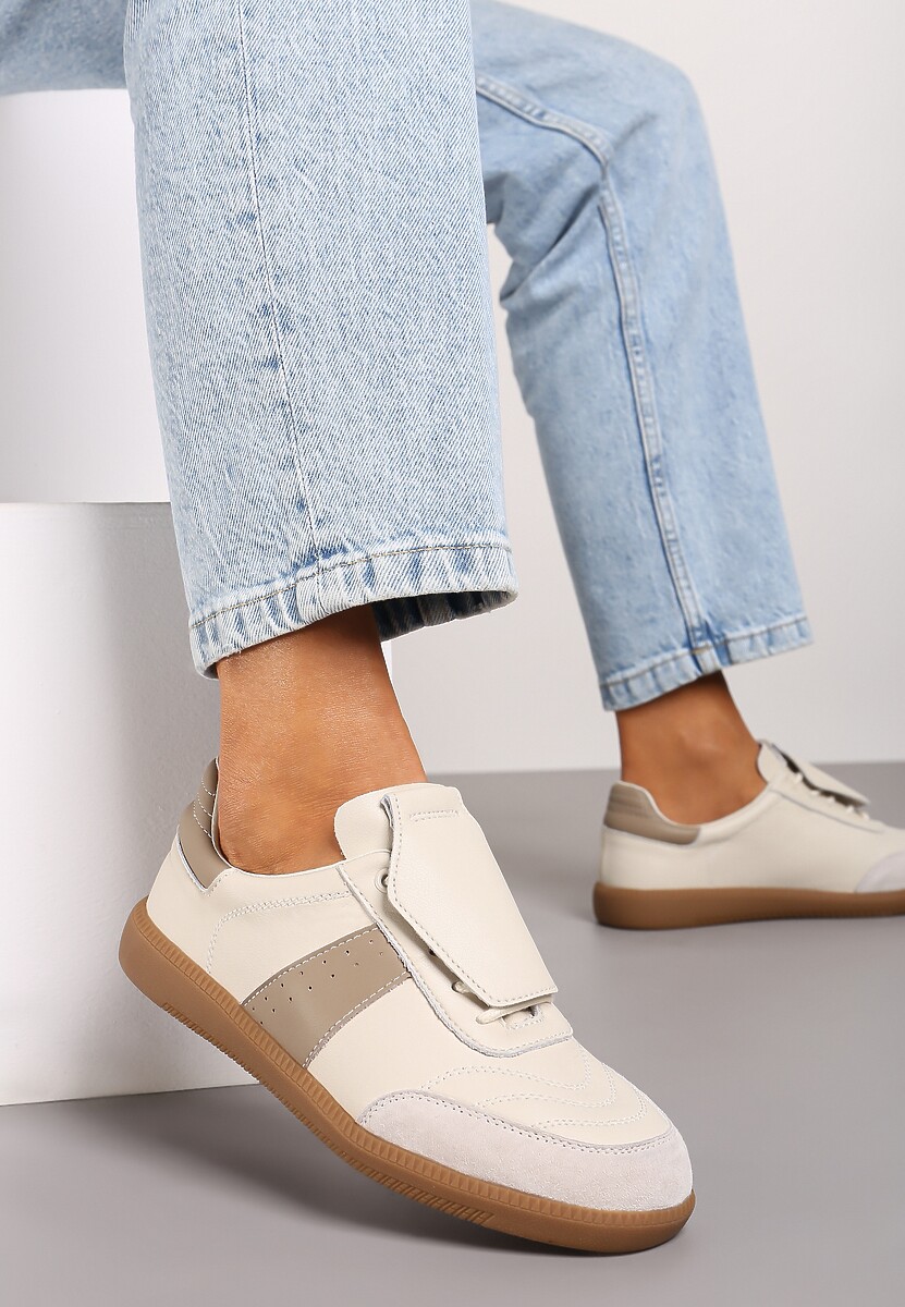 Beżowe Sneakersy na Płaskiej Podeszwie ze Skóry Wykończone Zamszową Wstawką Milirae