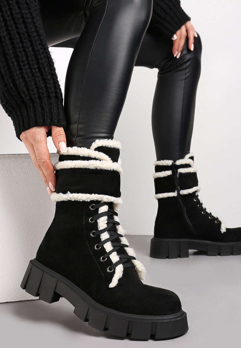 Czarno-Beżowe Botki Workery z Futrzanymi Lamówkami Freekolo