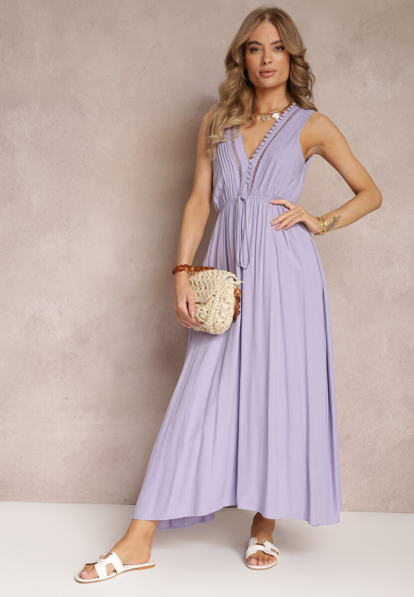 Fioletowa Rozkloszowana Sukienka Maxi z Gumką w Talii i Ozdobnymi Guzikami z Wiskozy Vianna