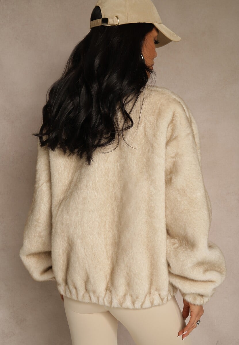 Beżowa Futrzana Kurtka Bomberka z Kieszeniami Tiwedela