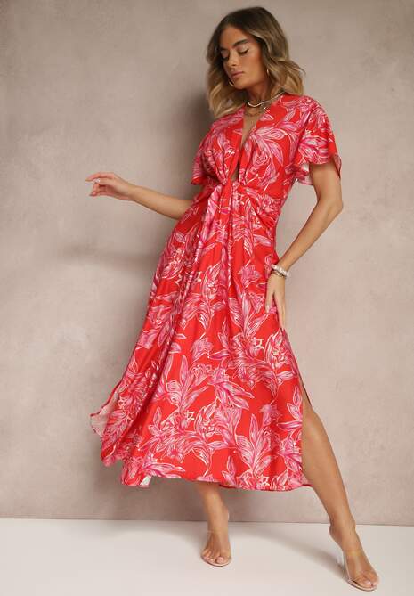 Czerwona Wiskozowa Sukienka z Marszczeniem i Abstrakcyjnym Wzorem Lanittra