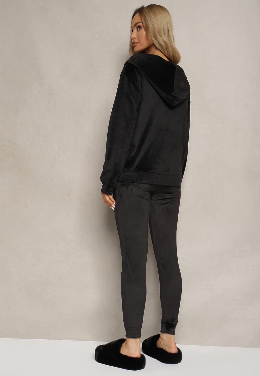 Czarny Komplet Dresowy 2-Częściowy Bluza z Kapturem i Cekinami i Spodnie na Gumce Colan