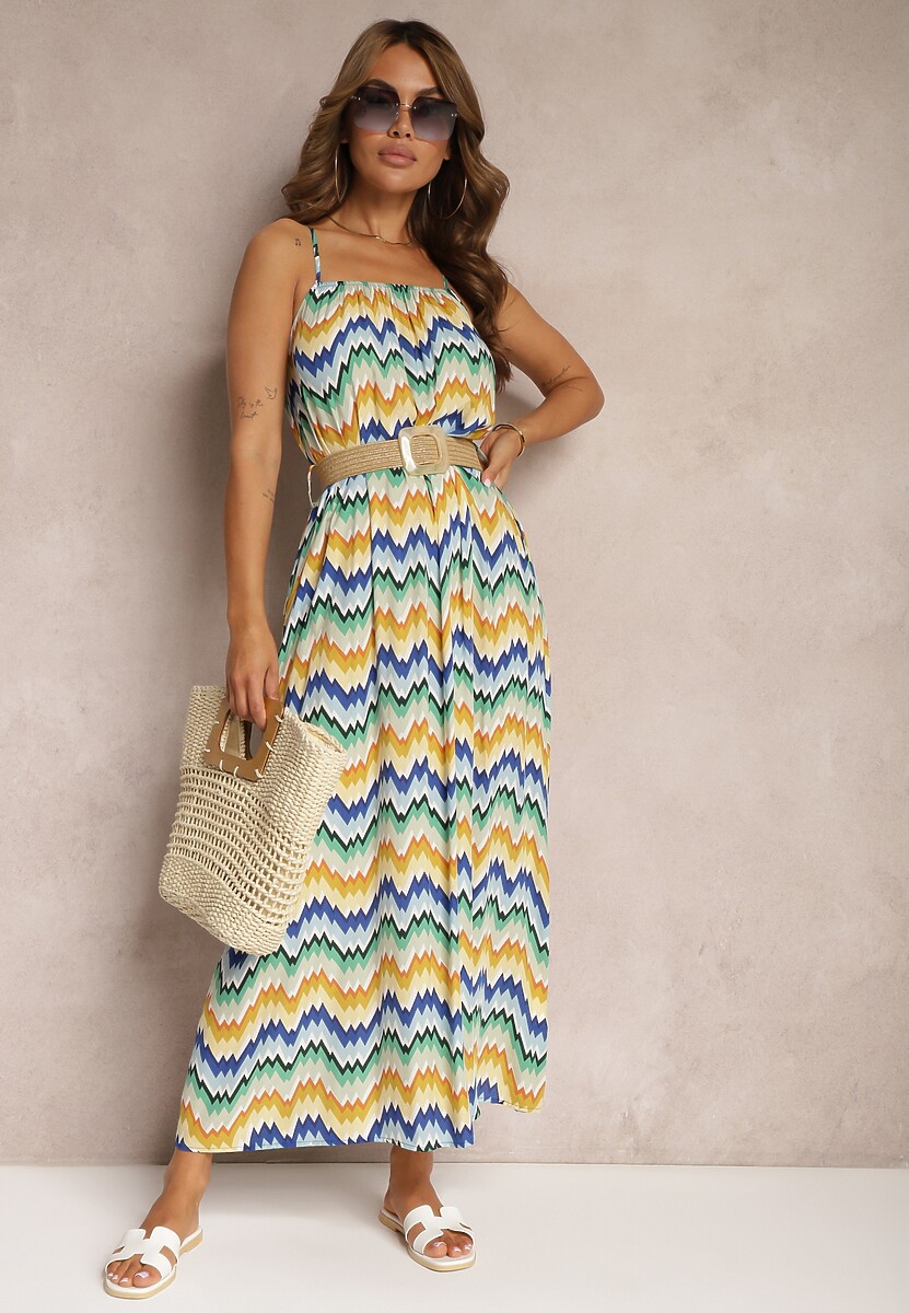 Niebiesko-Żółta Wiskozowa Sukienka z Regulowanymi Ramiączkami i Paskiem w Talii Vikitha