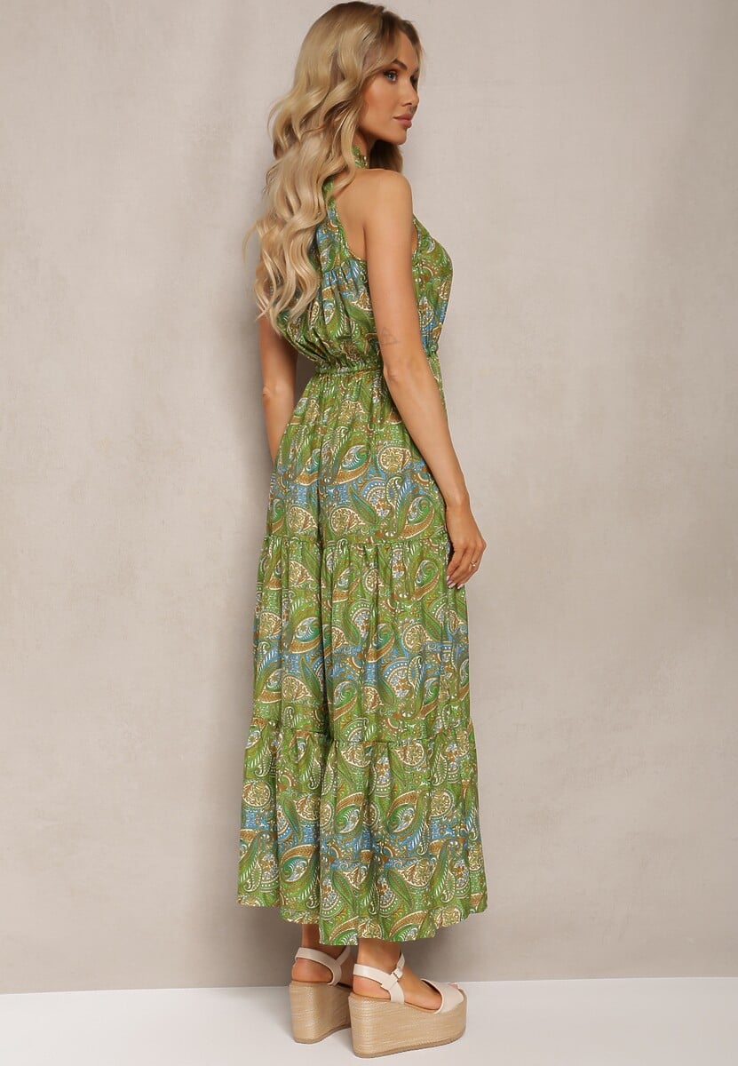 Zielona Sukienka w Stylu Boho Bez Rękawów z Gumką w Pasie i Wiązaniem przy Dekolcie Yisa
