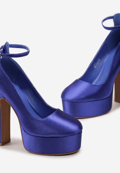 Niebieskie Czółenka Satynowe na Platformie i Słupku Enalae