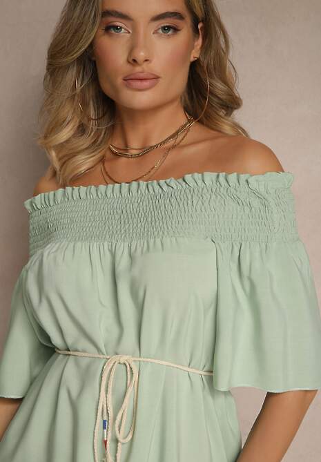 Zielona Sukienka Hiszpanka z Bawełną i Wiskozą Ozdobiona Sznurkiem Lilarelle