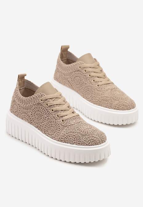 Ciemnobeżowe Ażurowe Sneakersy na Platformie Ellisara
