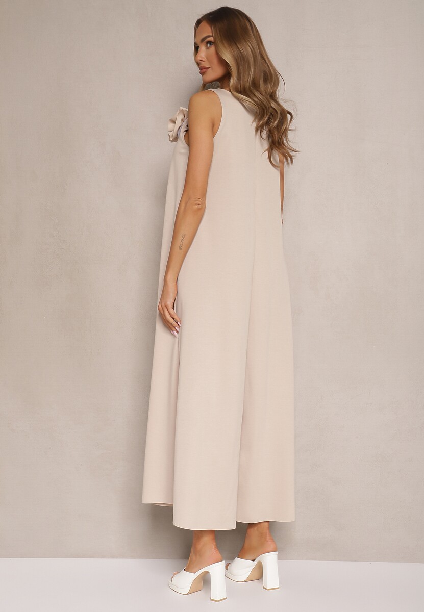 Beżowy Kombinezon z Wiskozą Ozdobiona Kwiatem Broszką 3D Solio