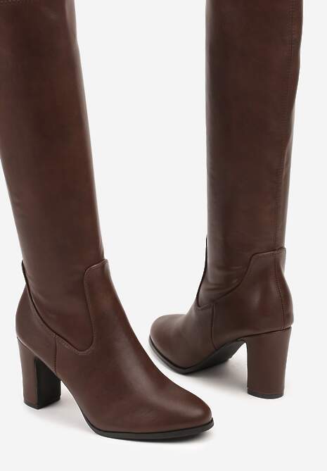 Brązowe Kozaki na Słupku z Przylegającą Cholewką Alovire