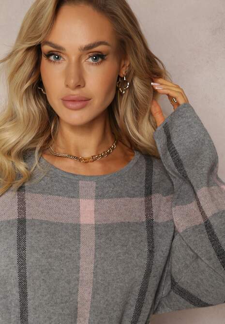 Szara Midi Sukienka w Kratę z Kieszeniami o Pudełkowym Fasonie Bamira