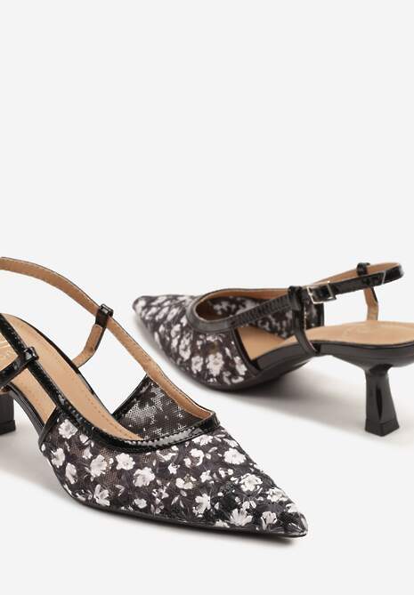 Czarne Siateczkowe Sandały na Kaczuszce z Noskiem w Szpic w Kwiatki Lisania