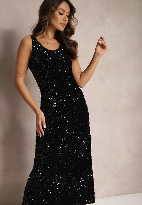 Czarna Sukienka Maxi na Ramiączkach w Cekiny Misona