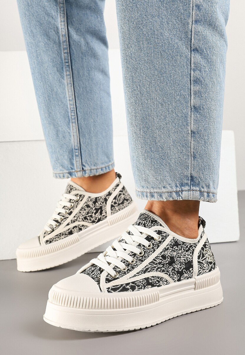 Czarno-Beżowe Trampki na Platformie z Abstrakcyjnym Wzorem Wulinea