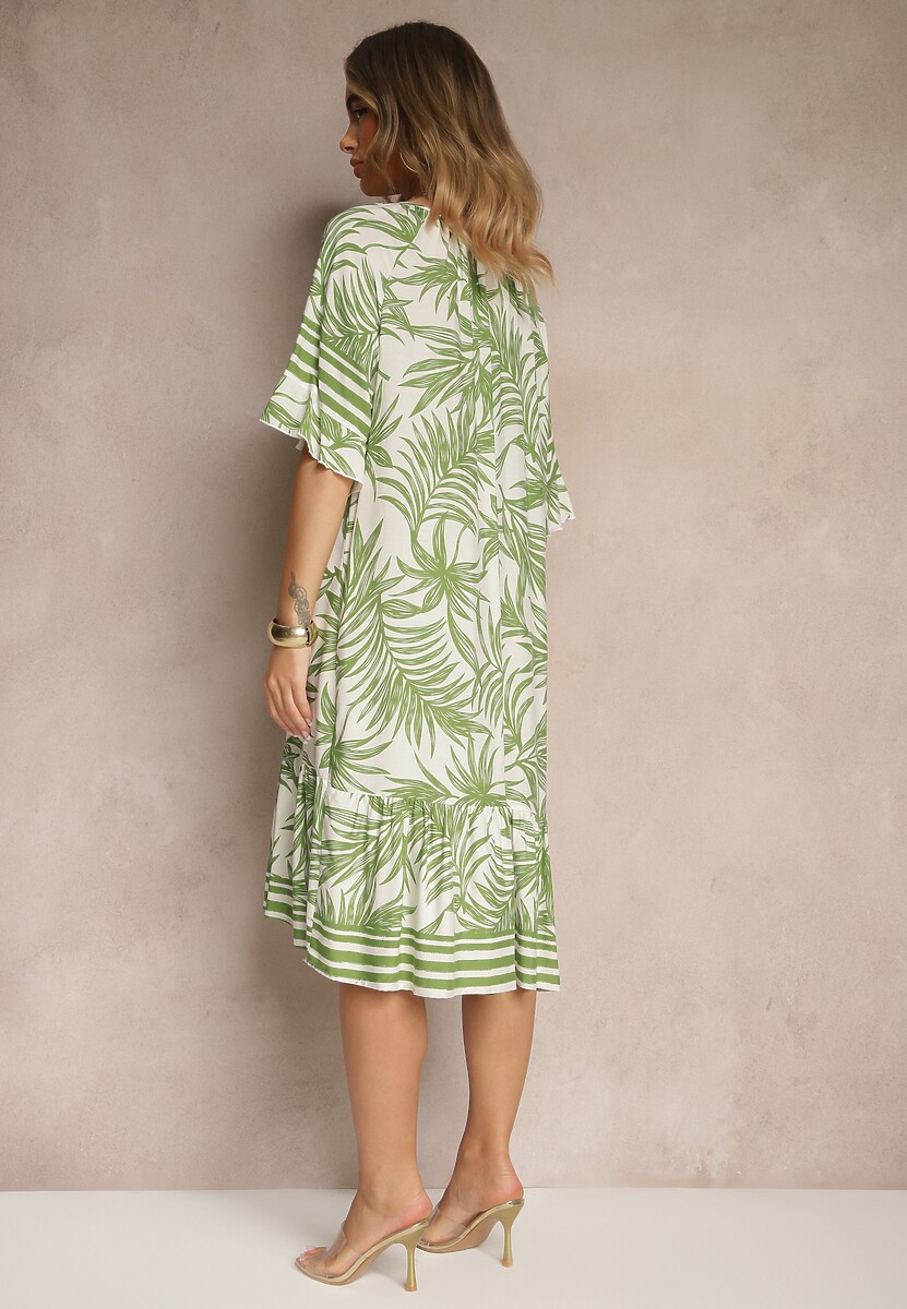 Zielona Pudełkowa Sukienka Zdobiona Roślinnym Printem i Wiązaniem przy Dekolcie Miranissa