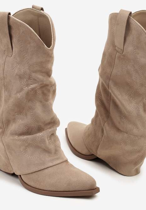 Ciemnobeżowe Botki Kowbojki z Cholewką Imitującą Nogawkę Zellaxie